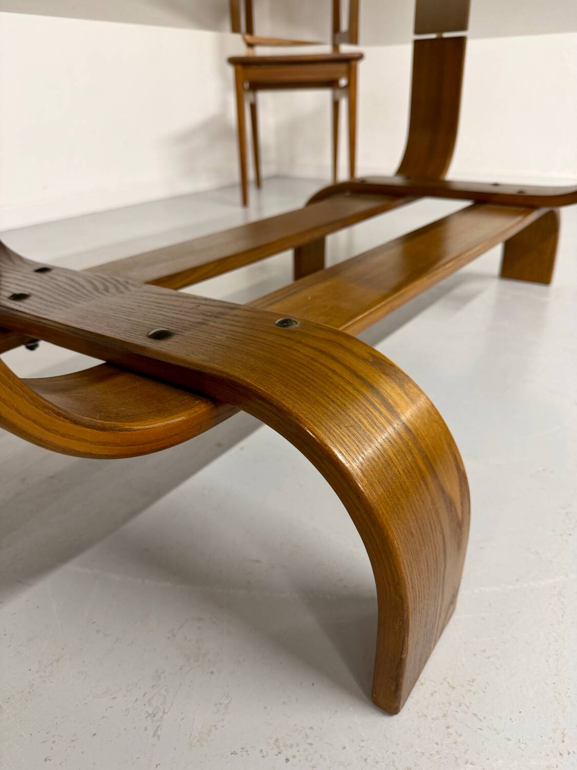 Vintage Fubo coffee table, 1970s design, made of bent wood and smoked glass