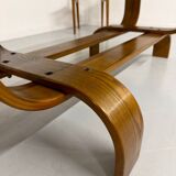 Vintage Fubo coffee table, 1970s design, made of bent wood and smoked glass