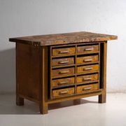 Industrial drawer unit in pine and iron – Central Europe, circa 1950