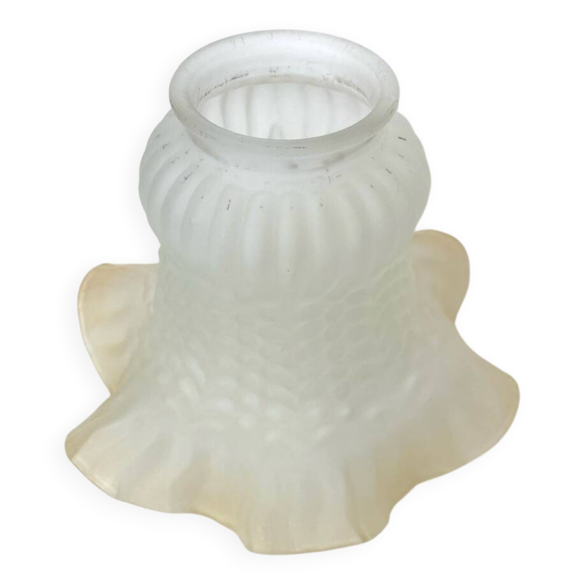 Tulip lampshade, antique frosted glass, white and golden pleated crown