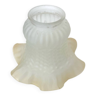 Tulipe abat-jour ancienne verre dépoli couronne plissée blanche et mordorée