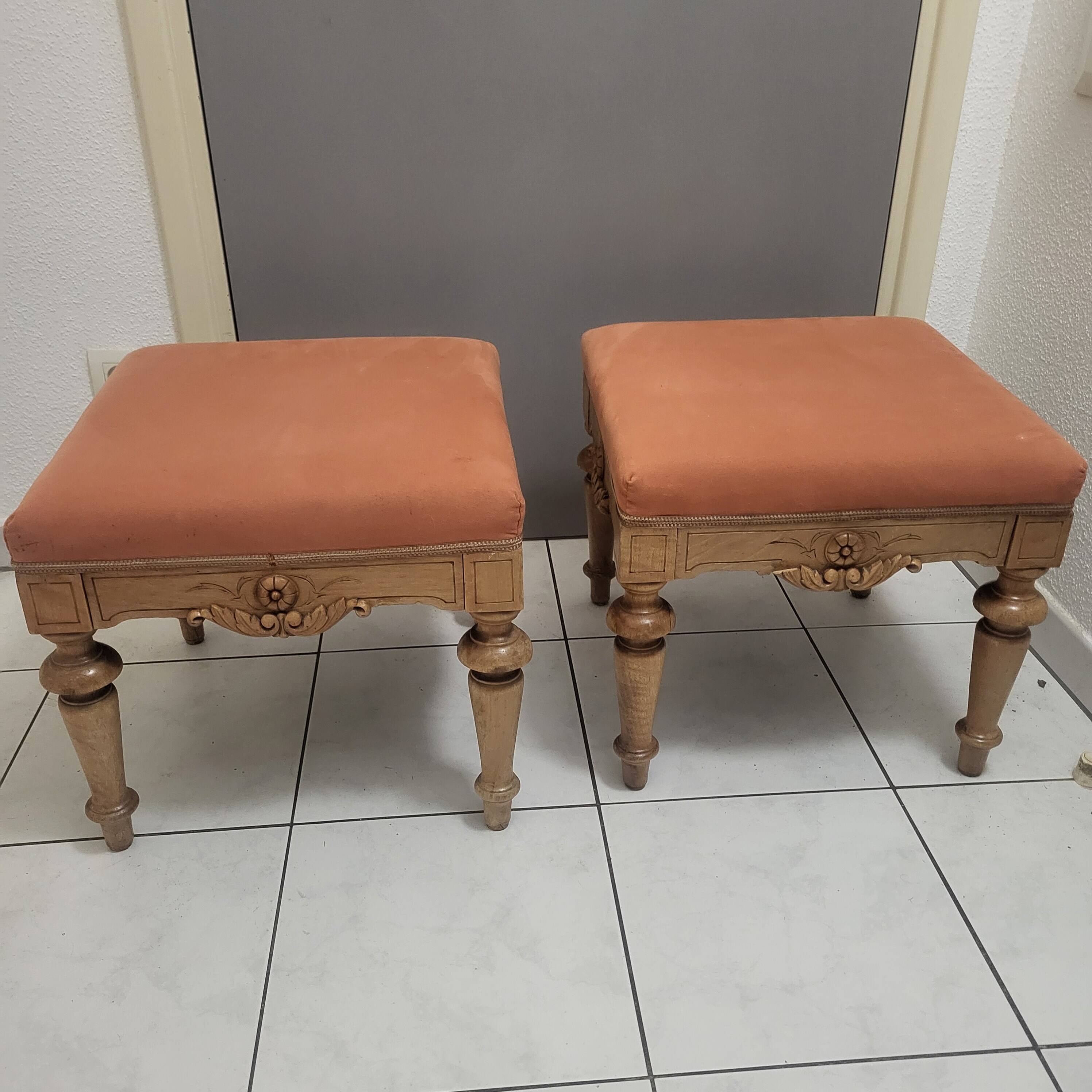 2 stools, poufs, footrests in Louis XVI style, made of wood and suede.