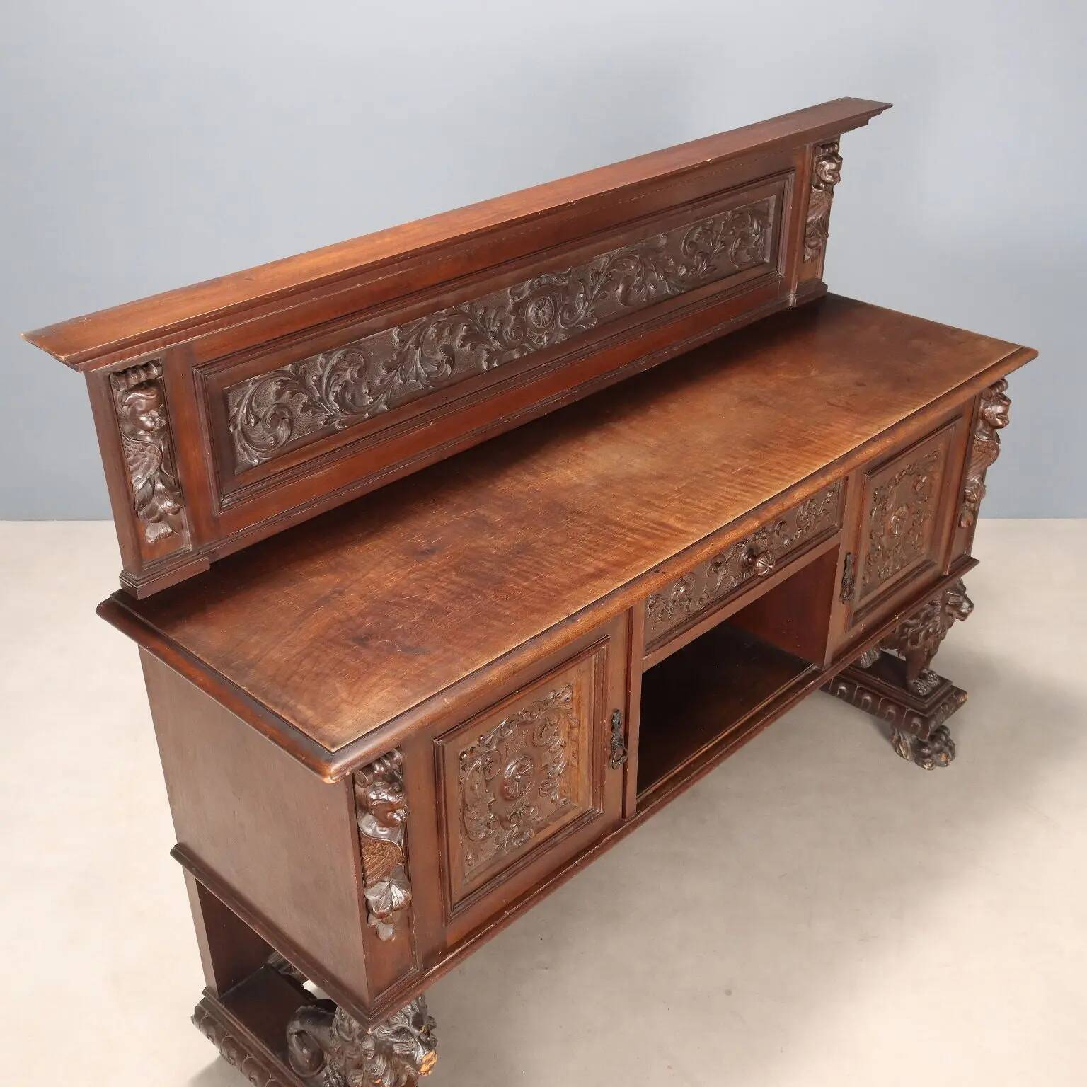 Antique neo-Renaissance walnut buffet, Italy, early 20th century.