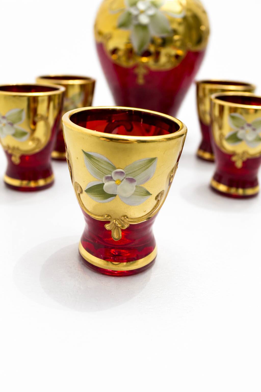 Service à Liqueur Vintage en Cristal de Murano "Tre Fuochi" Rouge et Or 24K