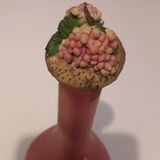 Old pink frosted glass liquor decanter with decorated cap
