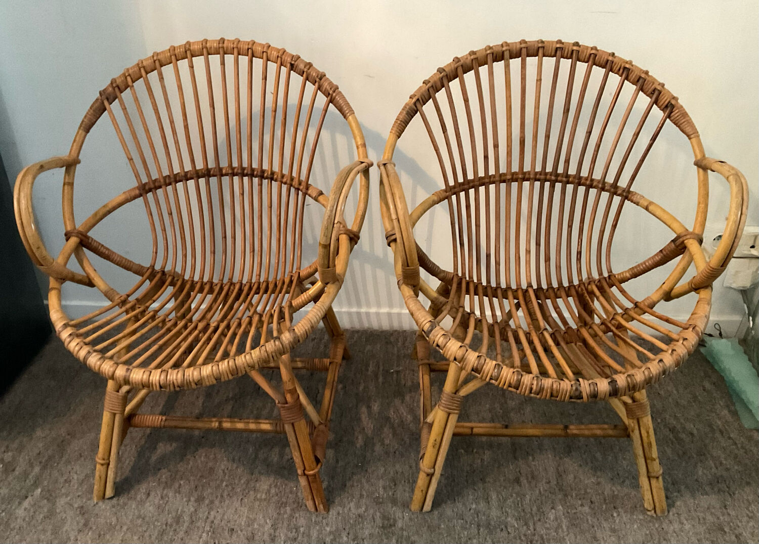 Pair of rattan shell armchairs 60s
