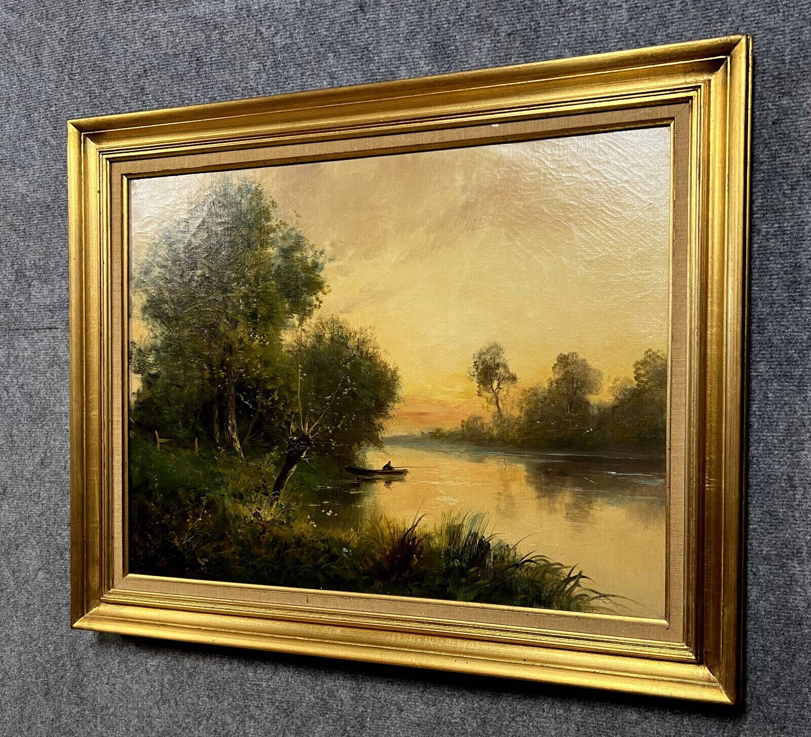 Barbizon School by C. Lion (19th): Painting representing a lively riverside around 1880