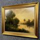 Barbizon School by C. Lion (19th): Painting representing a lively riverside around 1880