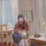 Original Swedish oil on canvas – “Figure in Interior” by Åke Wickström – vintage & framed – 57 × 66 cm