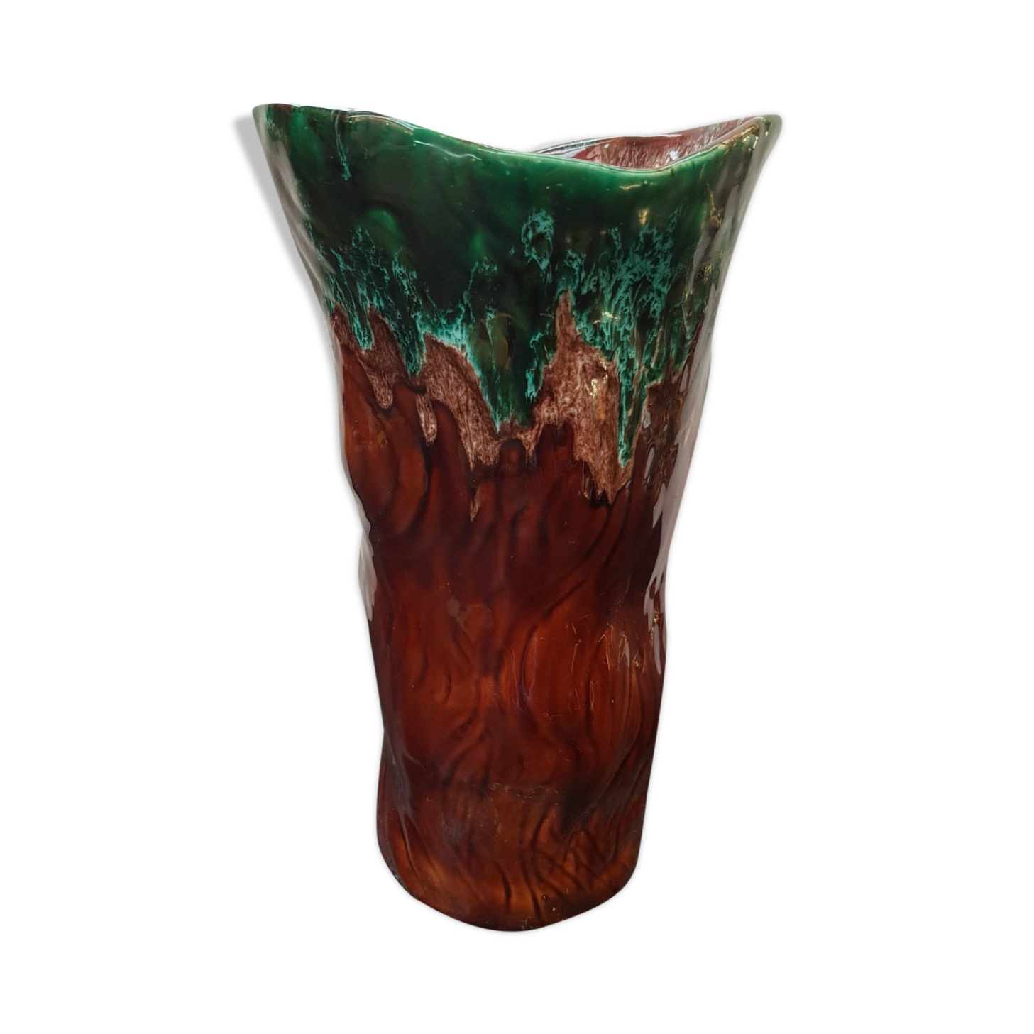 Old Ceramic Vase Form Trunk Brown Green Drips Vintage