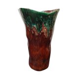 Vase céramique forme tronc marron coulures vertes vintage