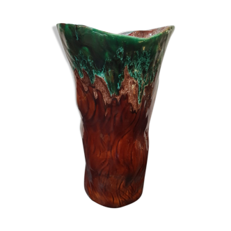 Vase céramique forme tronc marron coulures vertes vintage