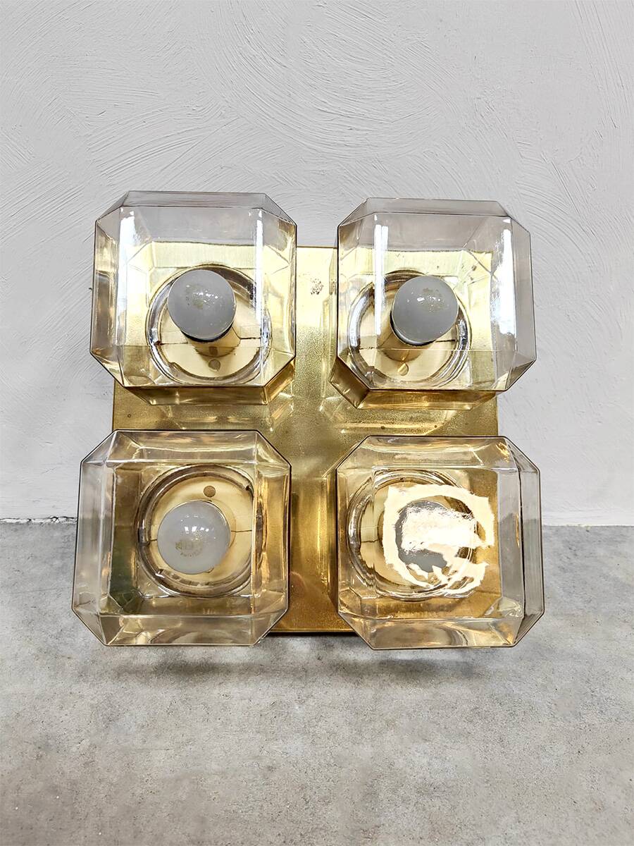 Vintage brass square flush mounts glass ceiling lamp Glashütte Limburg