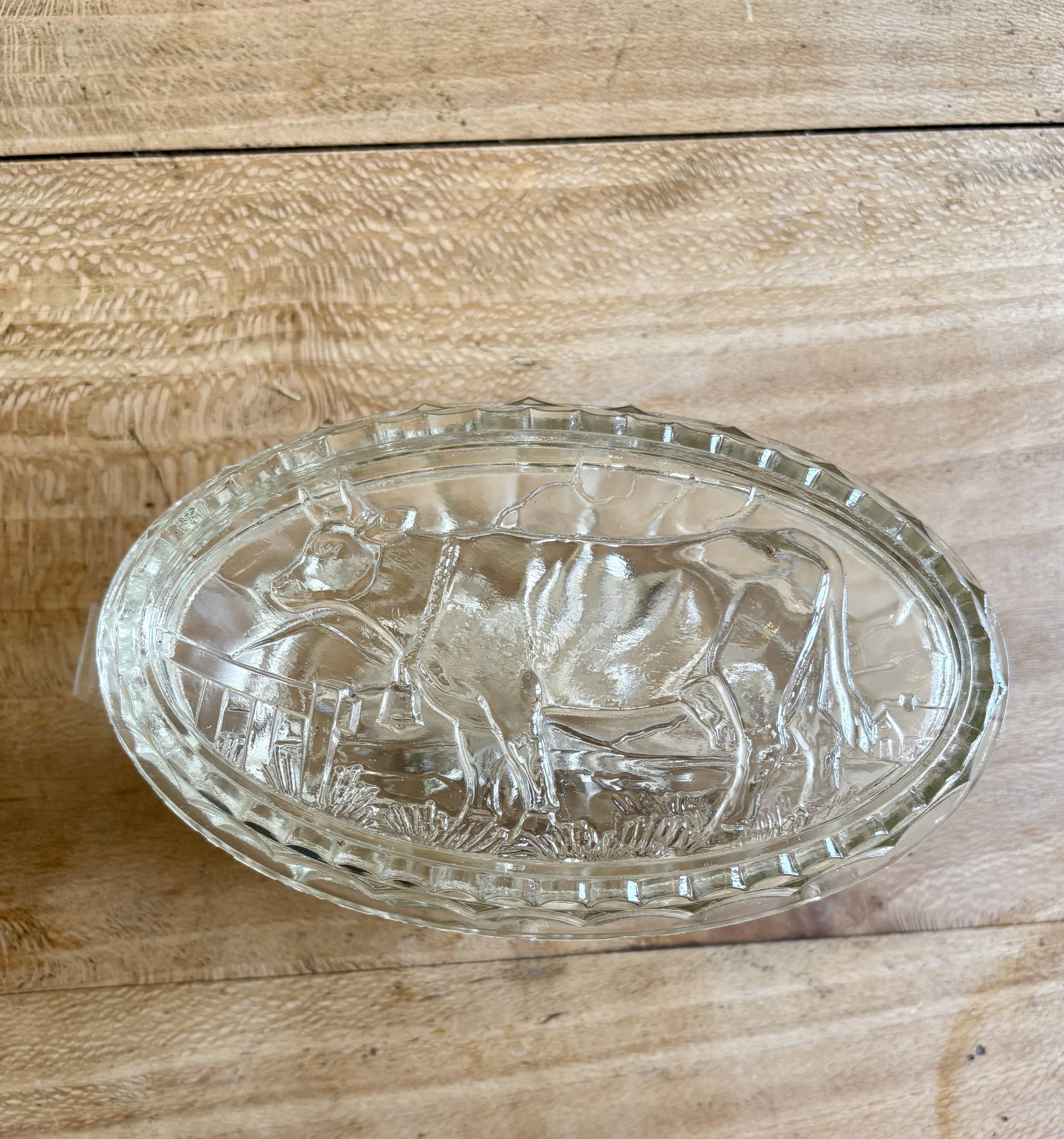 Vintage glass butter dish with cow decorations