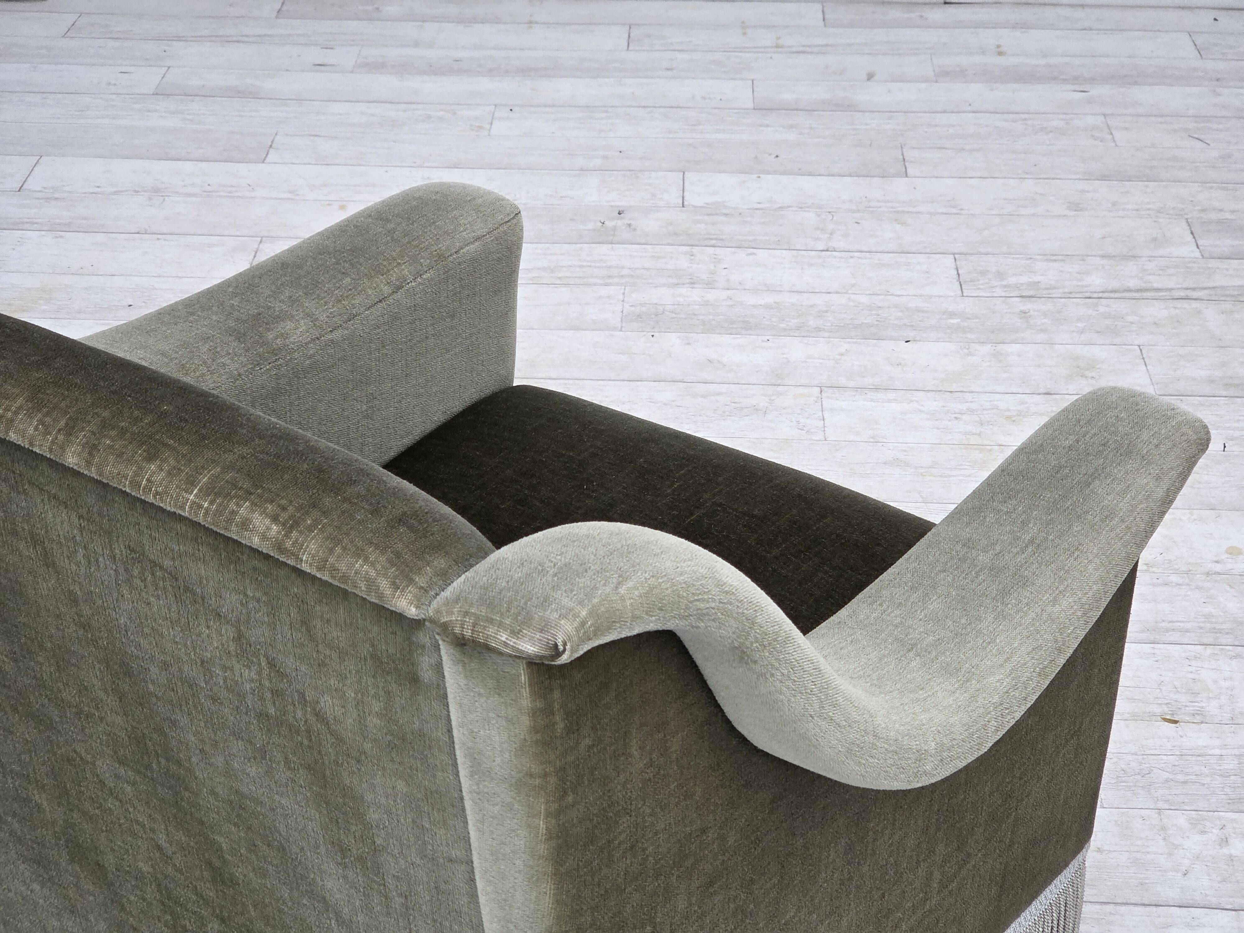 1970s, Danish armchair, original green furniture velour, beech wood.