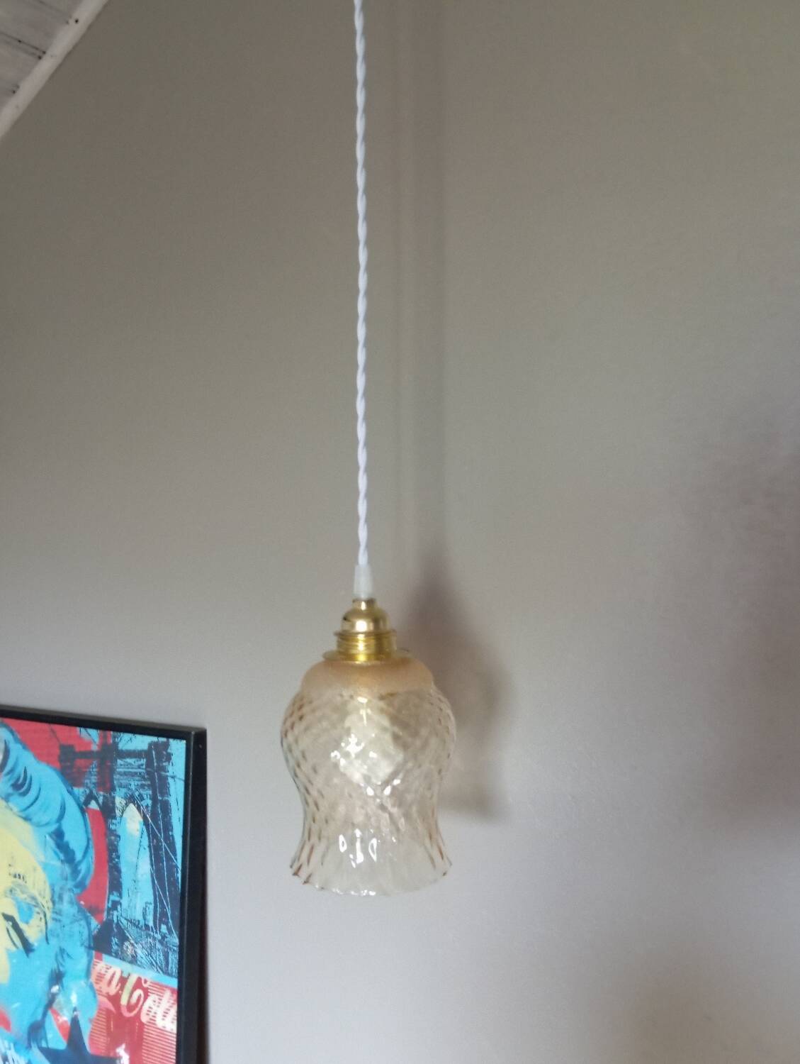 Vintage pendant light, textured amber and granite tulip glass, white twisted cord