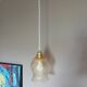 Vintage pendant light, textured amber and granite tulip glass, white twisted cord