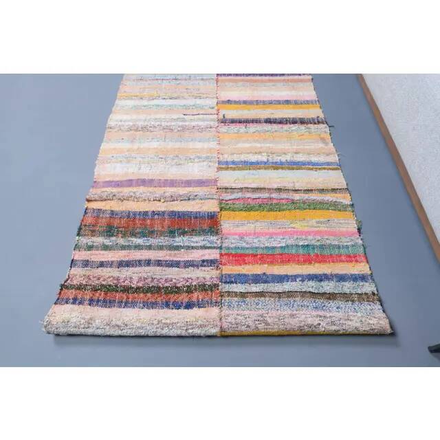 Vintage Turkish hand-knotted wool cotton beige kilim runner rug 85x260