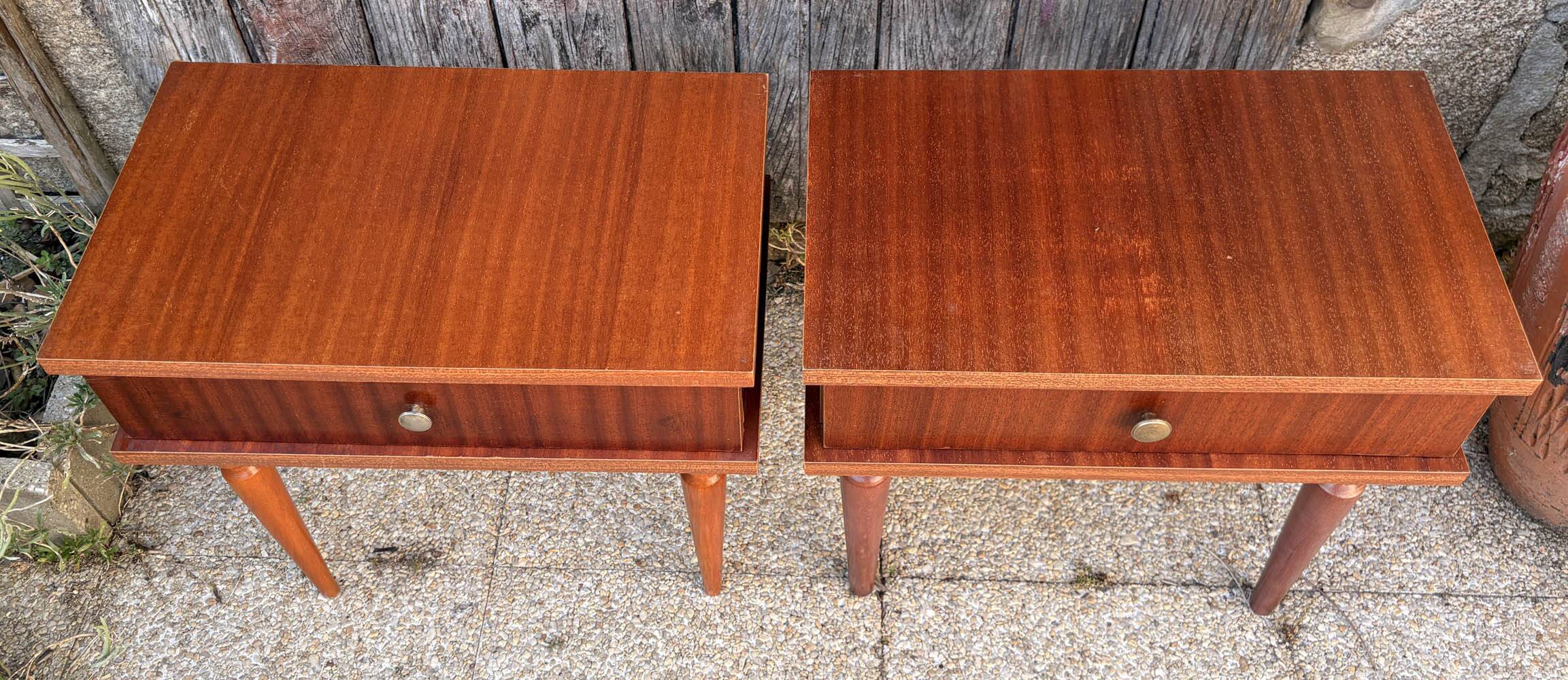 Pair of modernist bedside tables in wood, 1950s
