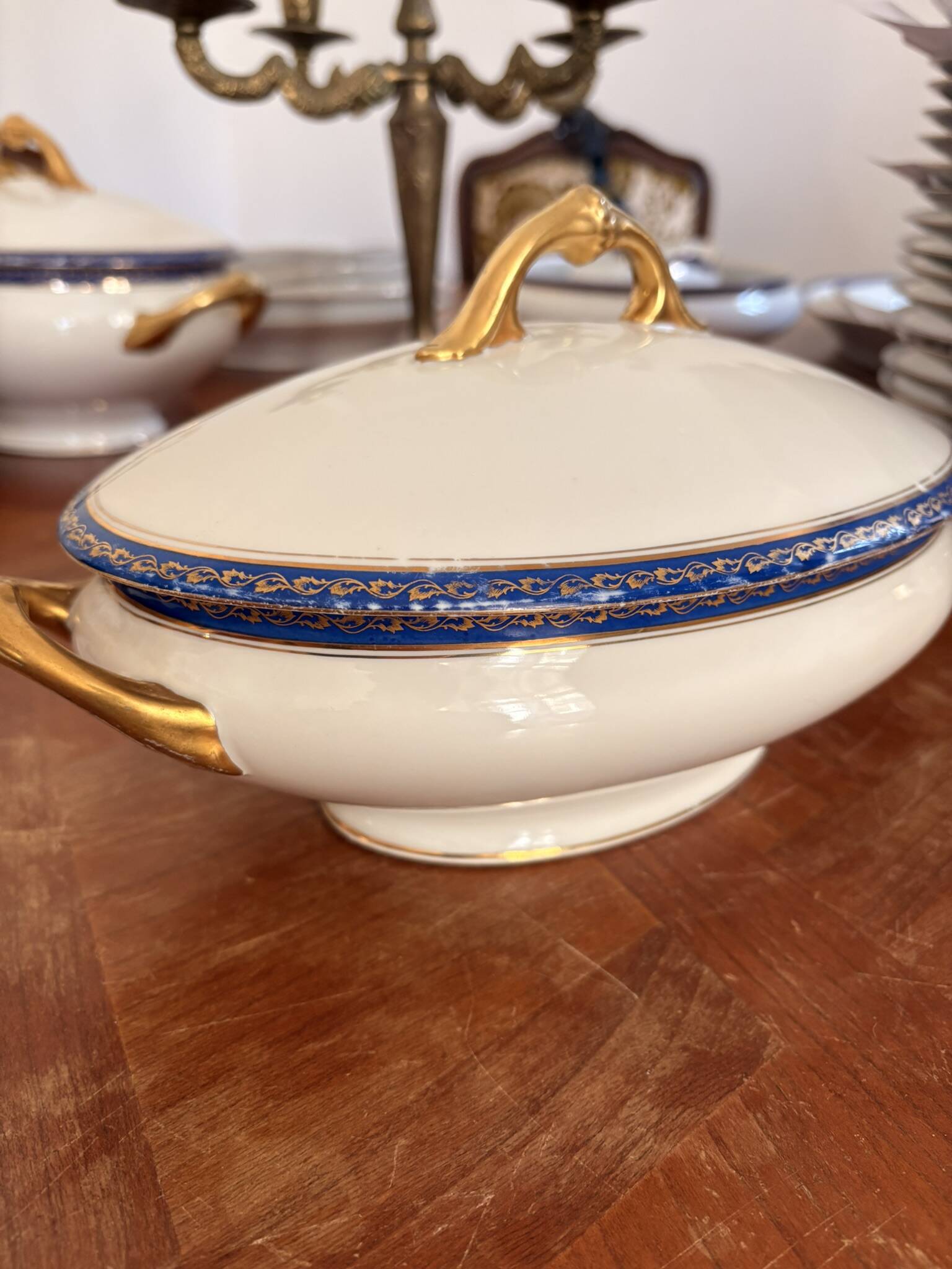 Small Soup Tureen Porcelain Limoges Blue Gold Betoule & Legrand France 1/2