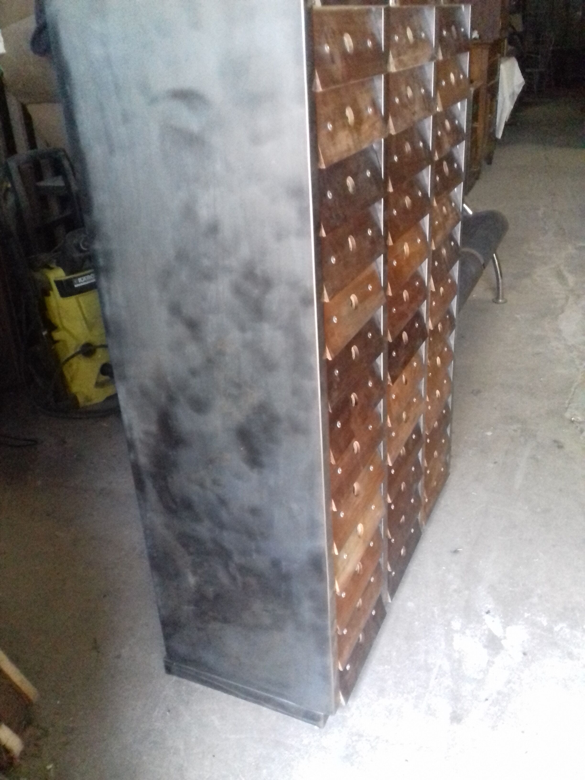 Clem industrial cabinet with 60 A4-sized drawers and riveted walnut fronts