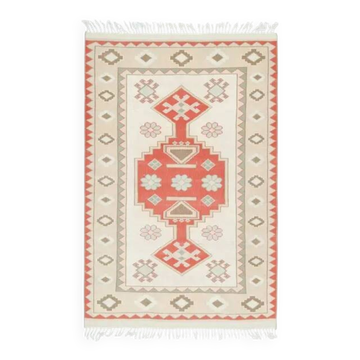 Tapis vintage turc Oushak fait main en laine et coton beige