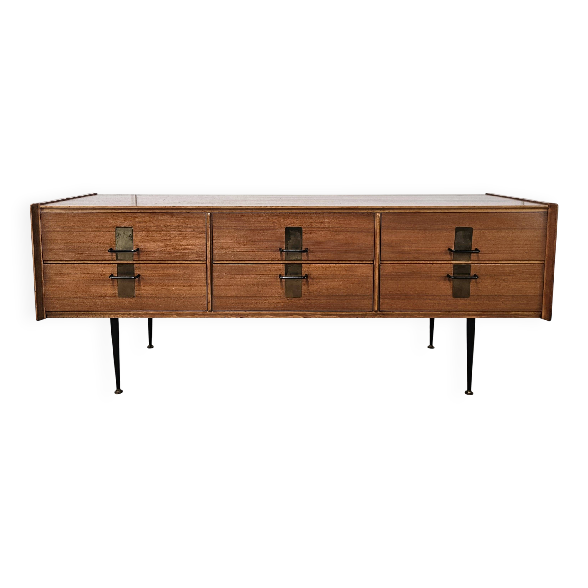 1960s walnut chest of drawers with iron and brass details