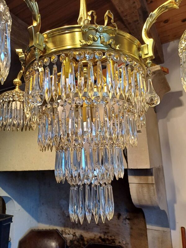 Lustre à pampilles ancien cristal est bronze époque XIXeme