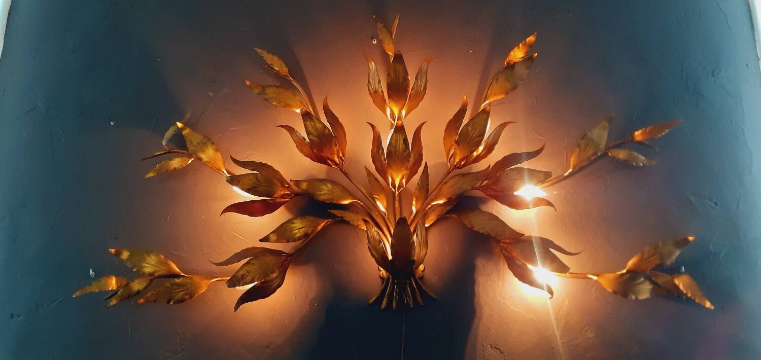 Monumental Vintage Wall Lamp with Golden Leaf Decor by Hans Kögl, 1960s
