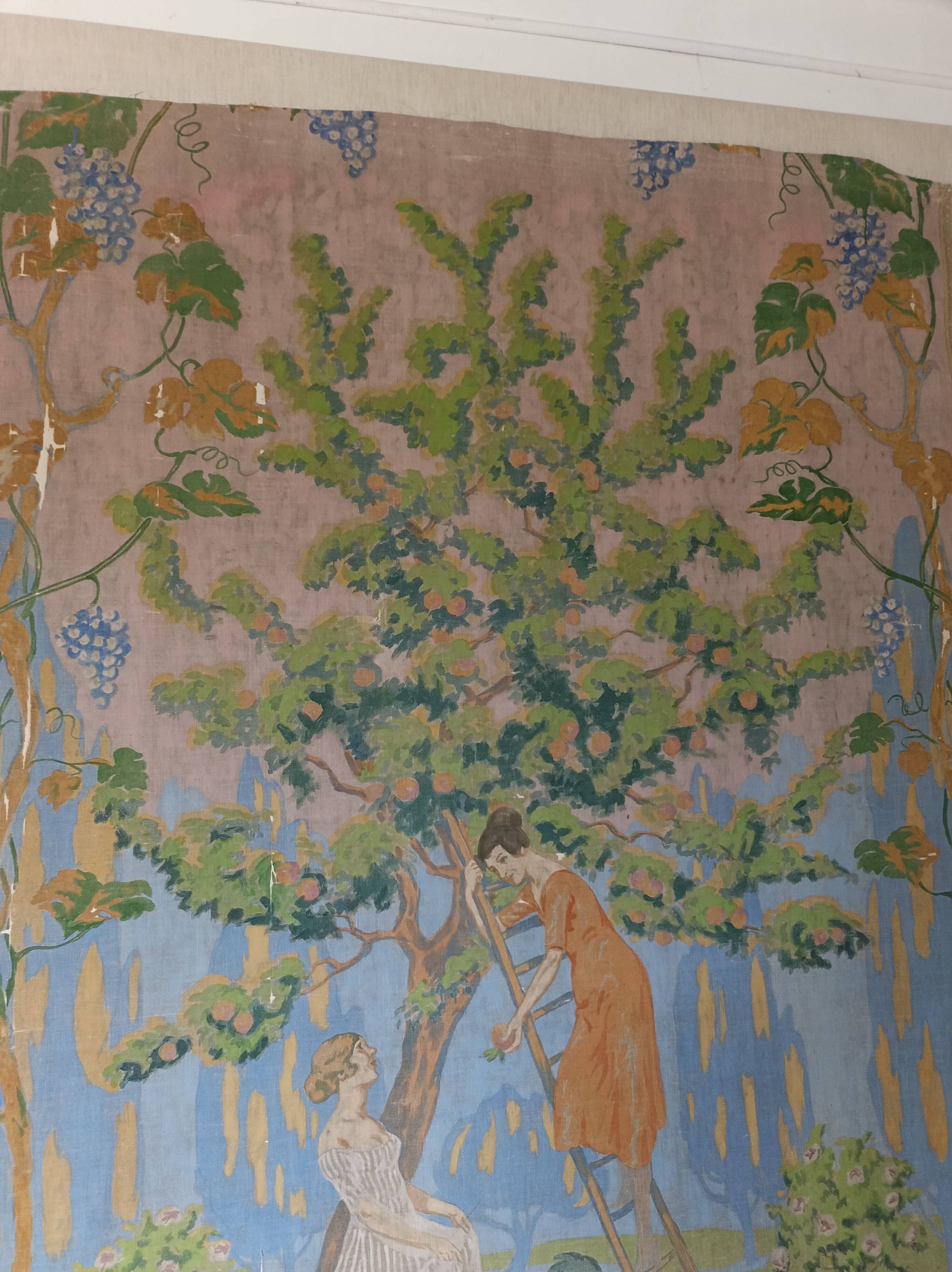 Large painting on canvas from the 20th century mounted on a frame - rural scene.