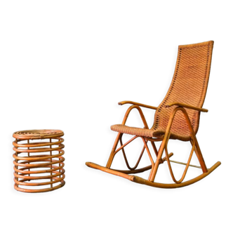 Mid-century bamboo and brass rocking chair and side table from fm, 1950s, set of 2.