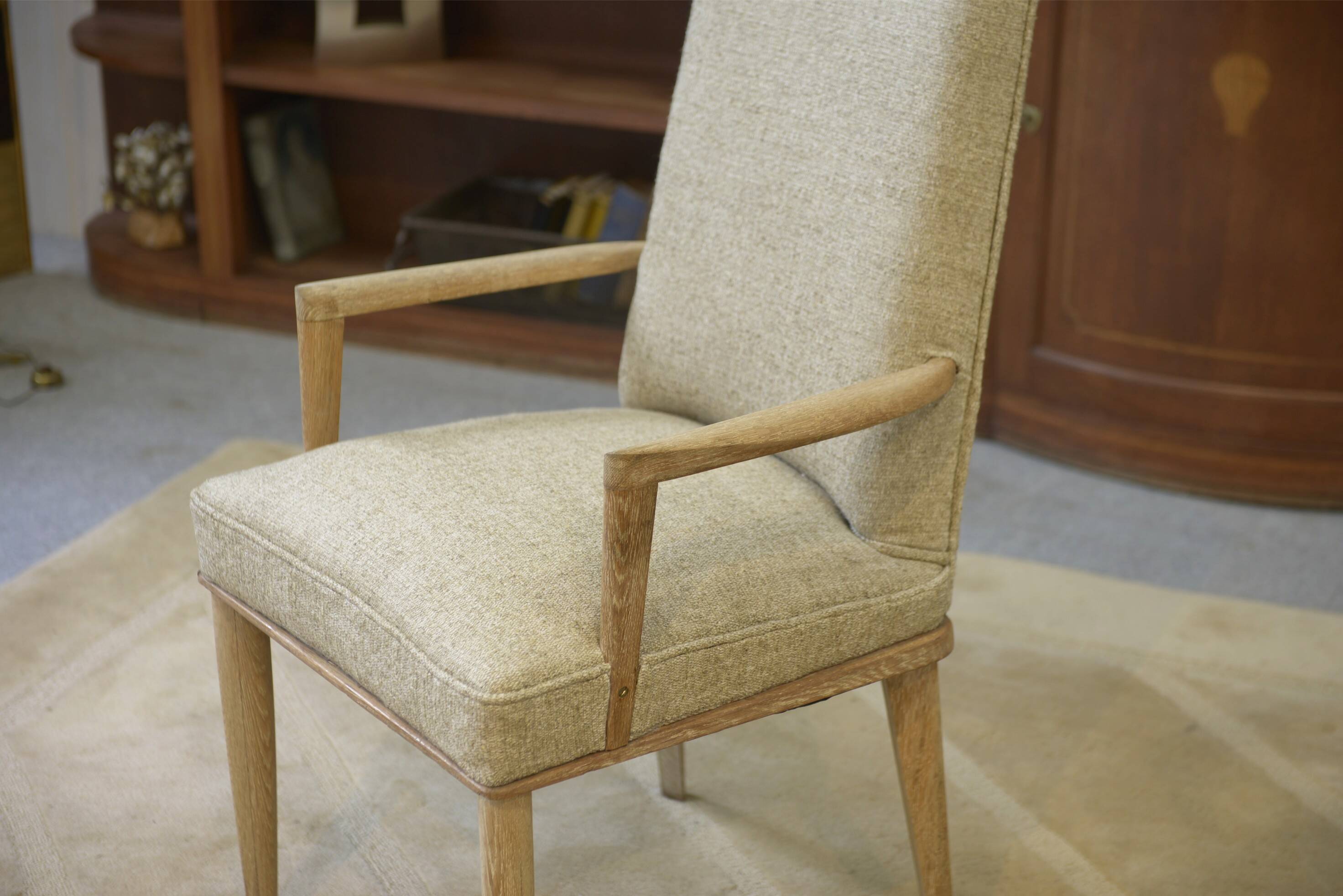 Rare pair of cerused oak armchairs, confidential creation attributed to Suzanne Guiguichon, 1940s.
