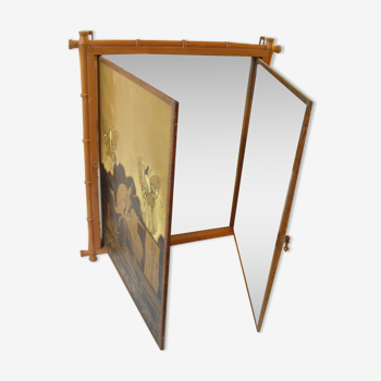 Ancien miroir triptyque Napoléon III décor japonisant bois façon bambou 78 cm
