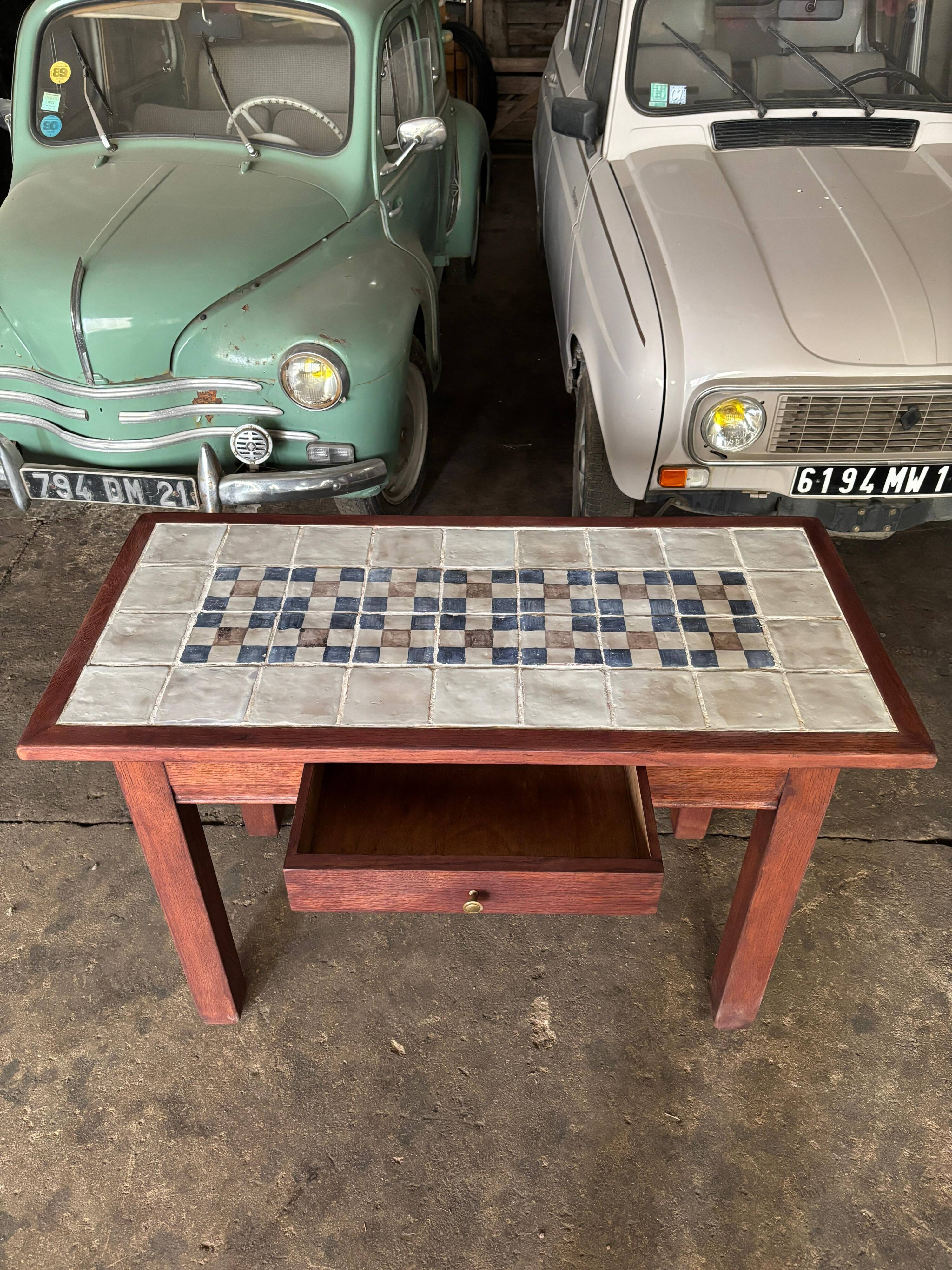 Vintage wooden table with handmade ceramics – unique piece