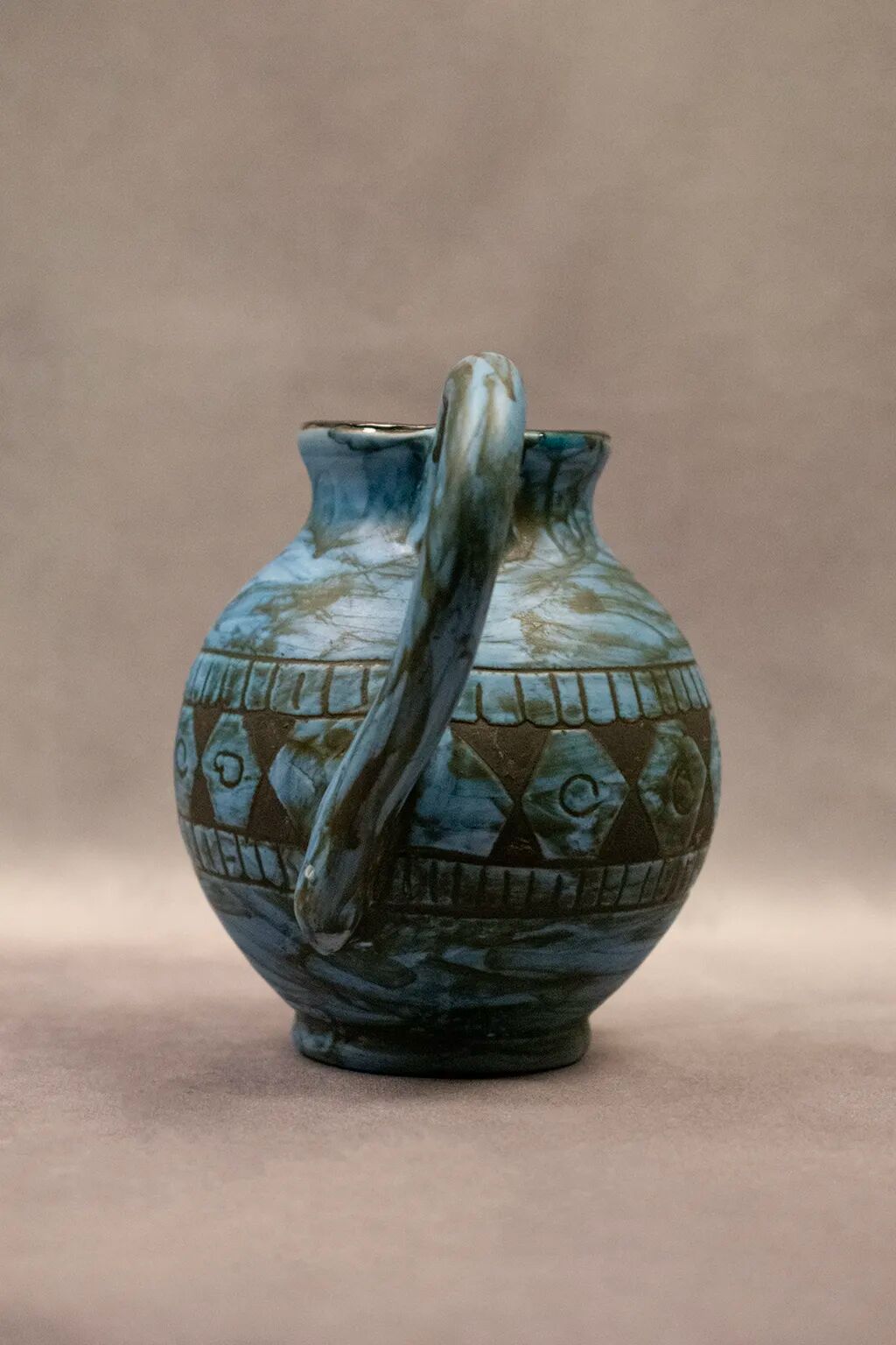 Blue ceramic pitcher with frieze by Jérôme Massier – Vallauris