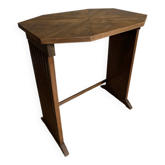 Side table, vintage art deco octagonal pedestal table, mahogany top, column legs