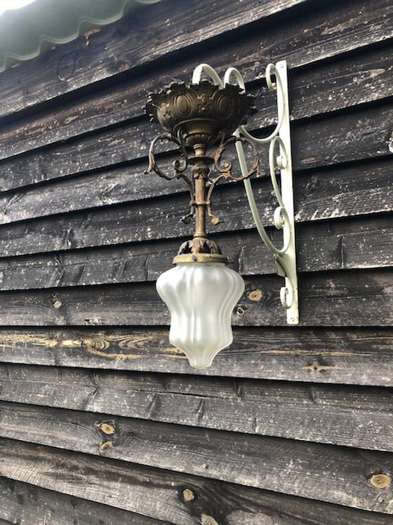 Antique French Napoleon III Brass & Bronze Opaline Glass Ceiling Light