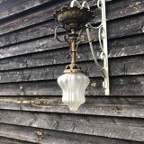 Antique French Napoleon III Brass & Bronze Opaline Glass Ceiling Light