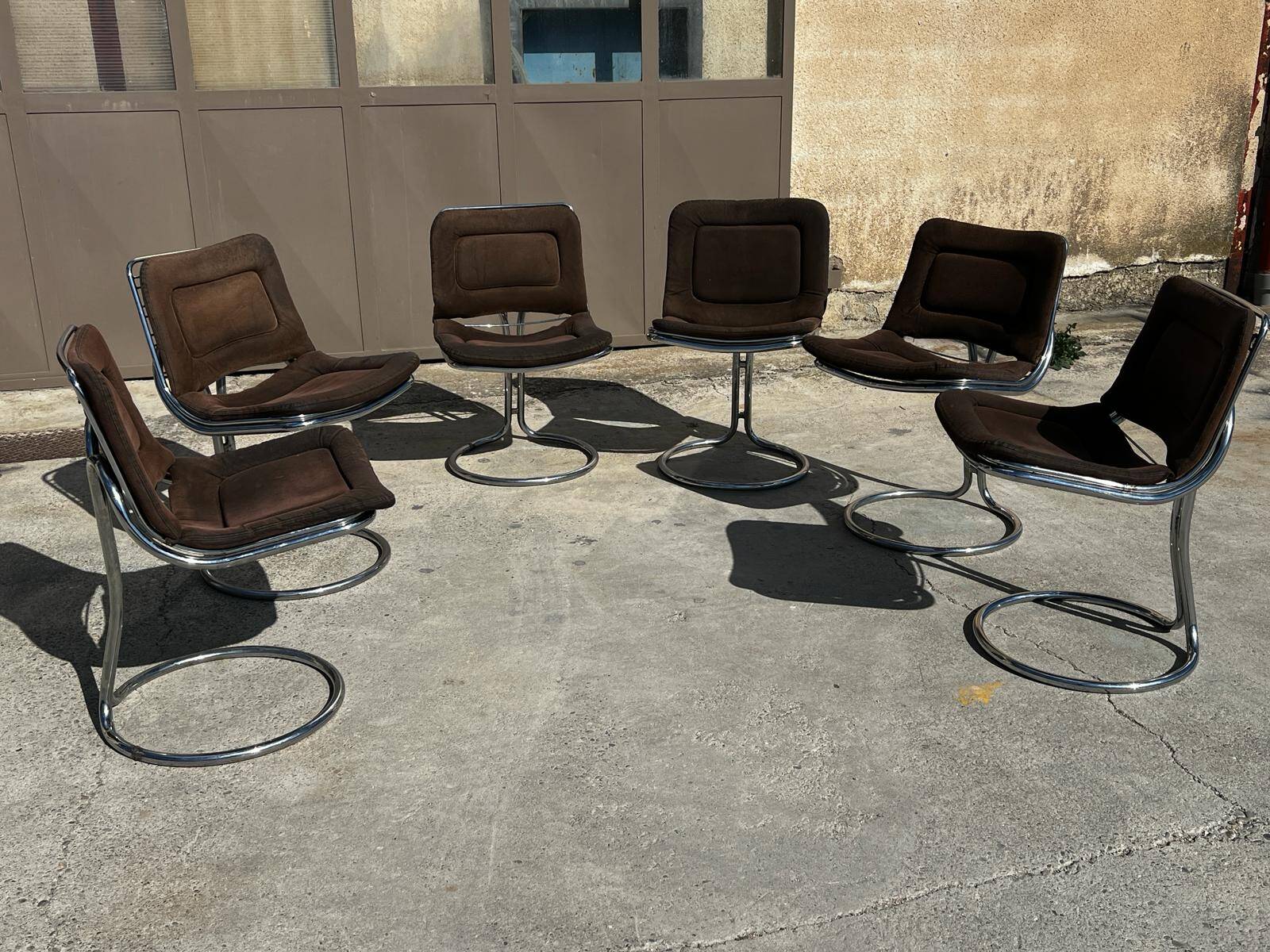 Set of 6 vintage Gastone Rinaldi style chrome steel chairs