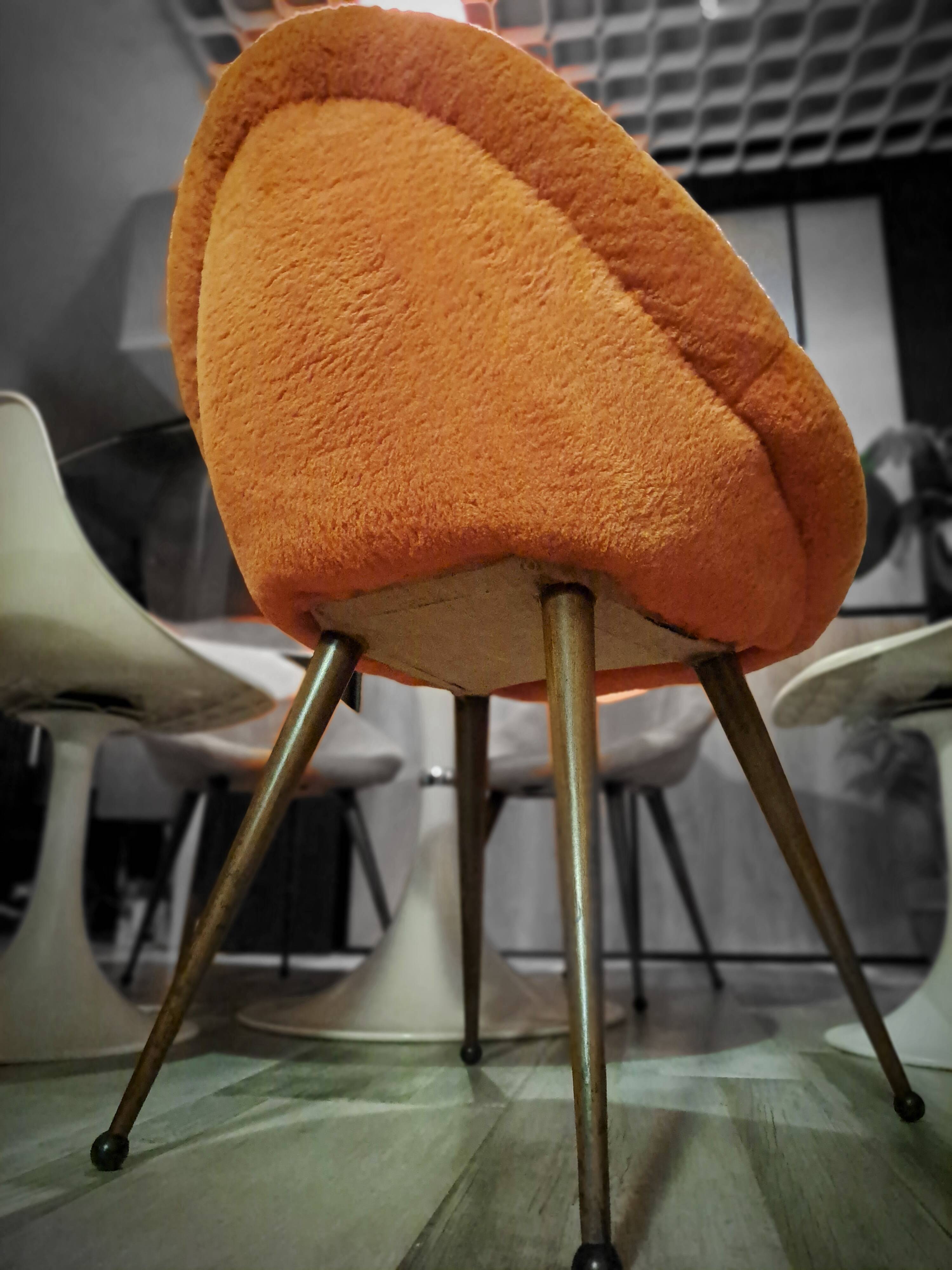 Set of 3 chairs, egg-shaped armchairs with compass legs, 1950