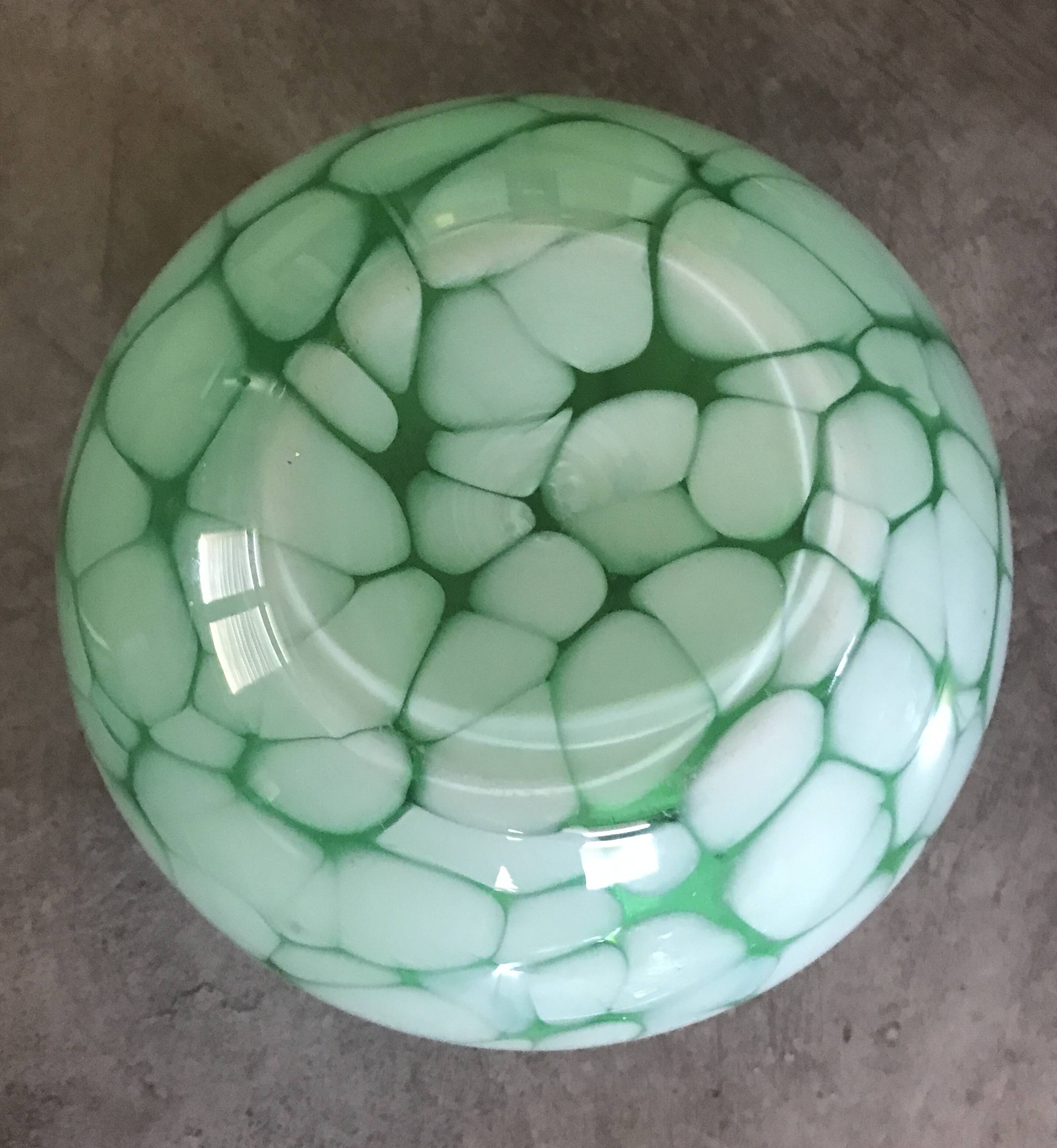 Vintage glass vase ball shape handmade alicja green and white