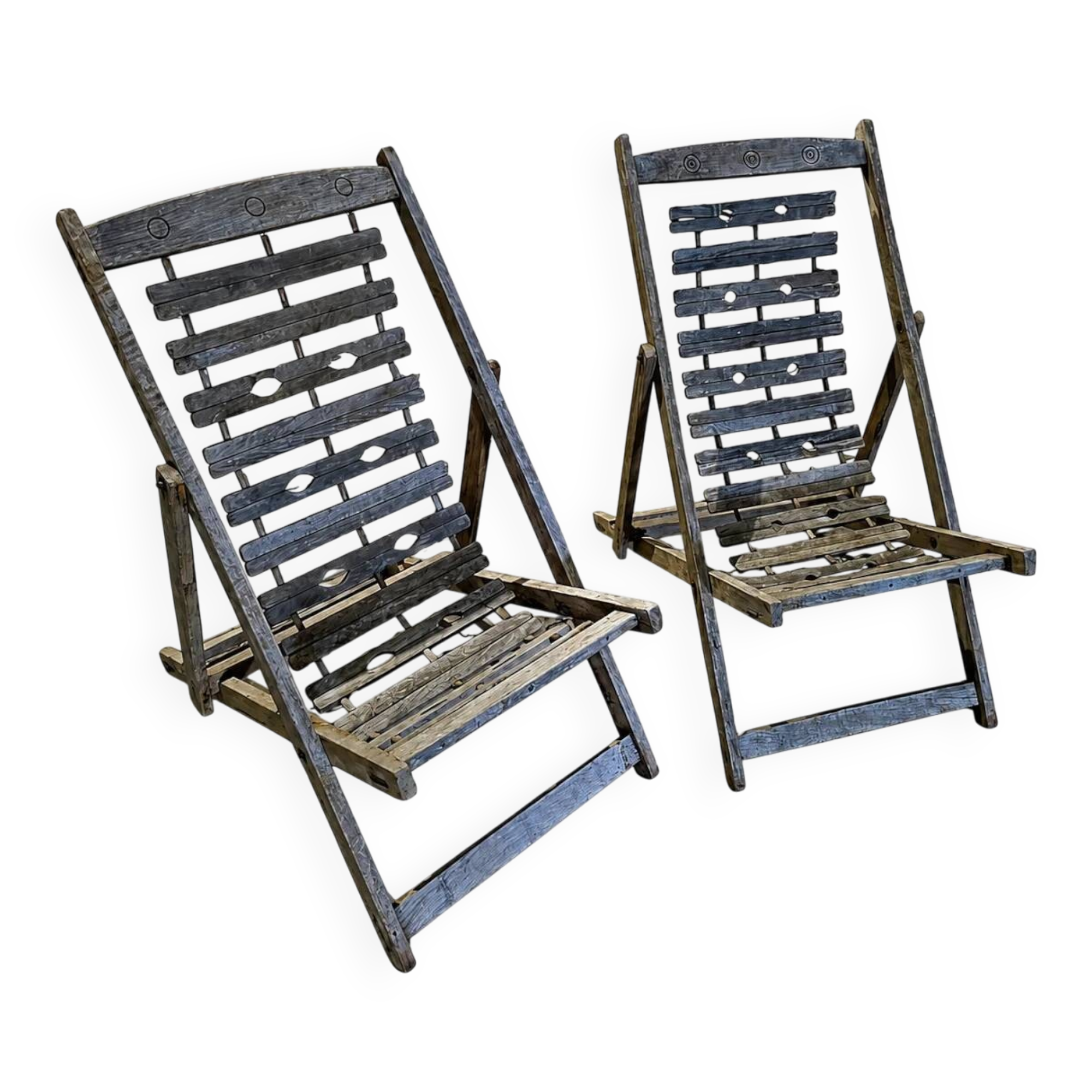 2 x weighty solid foldable wooden colonial deckchair / deck chair / 1960s
