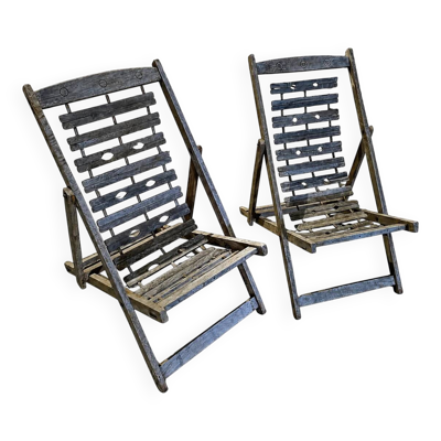 2 x chaise longue coloniale en bois pliable solide et lourd / chaise de jardin / années 1960