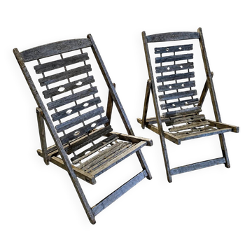 2 x chaise longue coloniale en bois pliable solide et lourd / chaise de jardin / années 1960