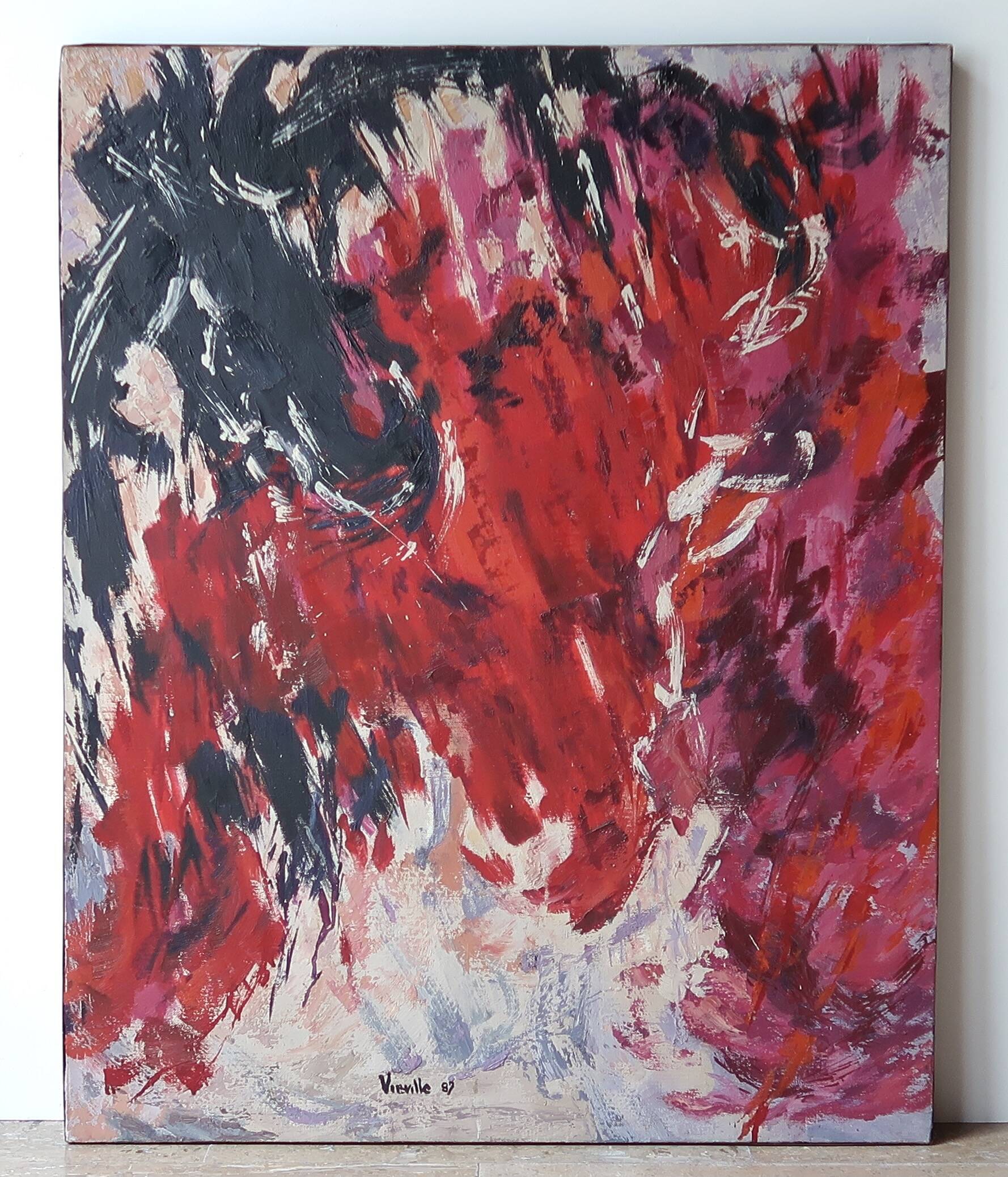 Painting, abstract painting signed Vieville, 1980s
