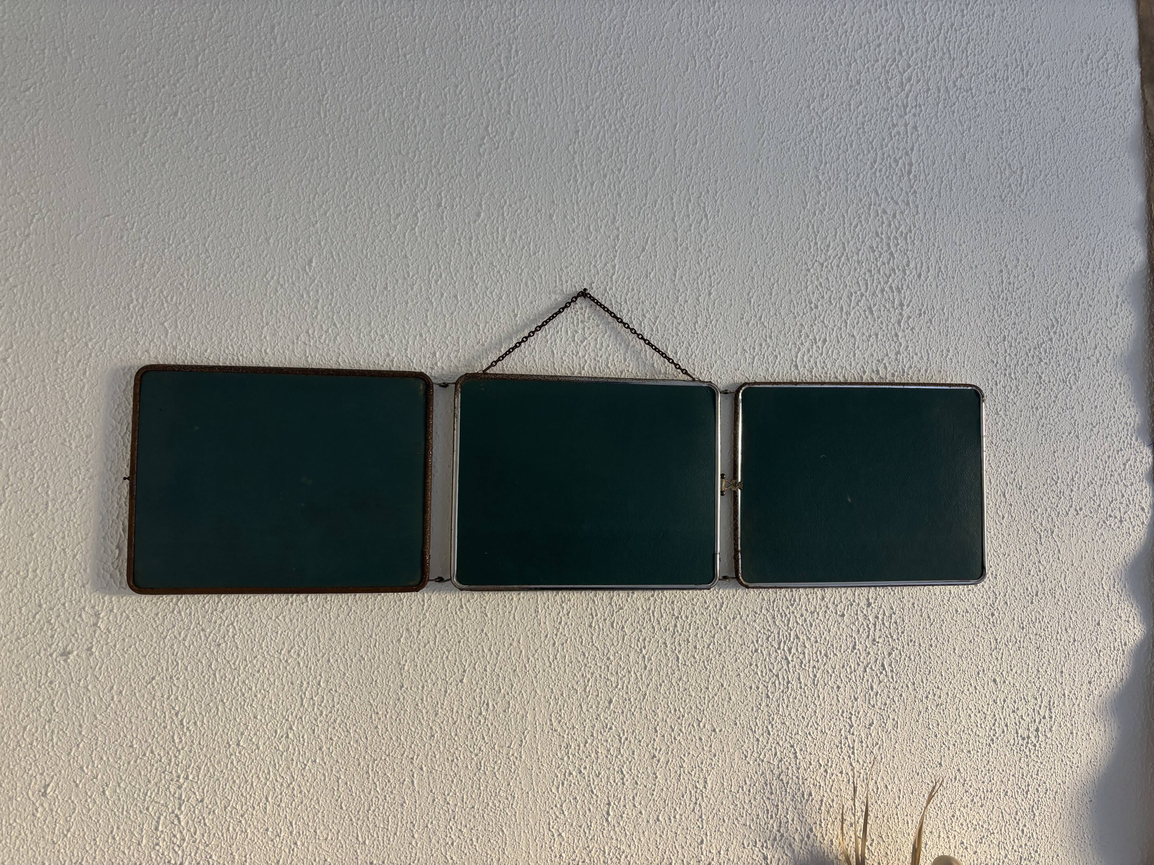 Vintage 1950s triptych barber mirror in duck blue - 22 x 86 cm