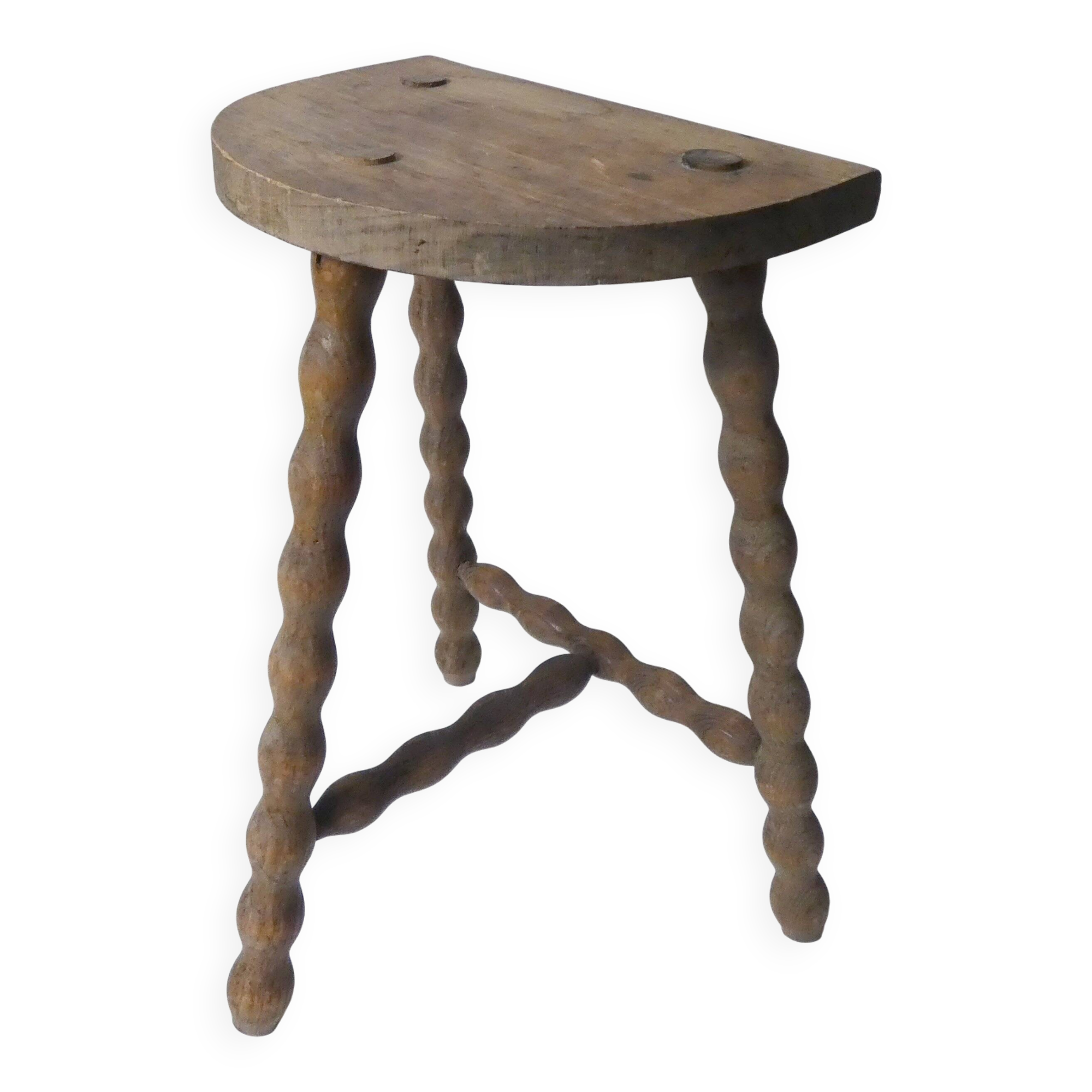vintage half-moon tripod stool in turned solid wood with beaded edges