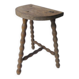 vintage half-moon tripod stool in turned solid wood with beaded edges