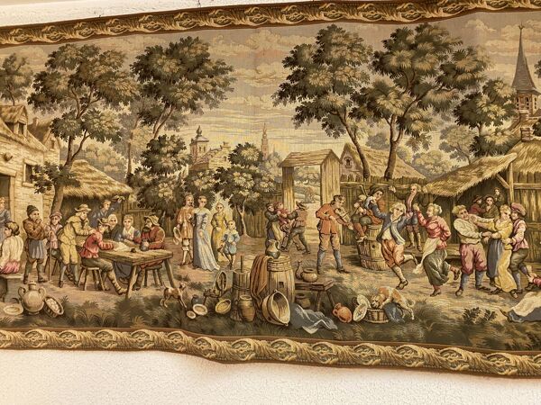 Tapisserie des Gobelins, scène de fête villageoise, parfait état.