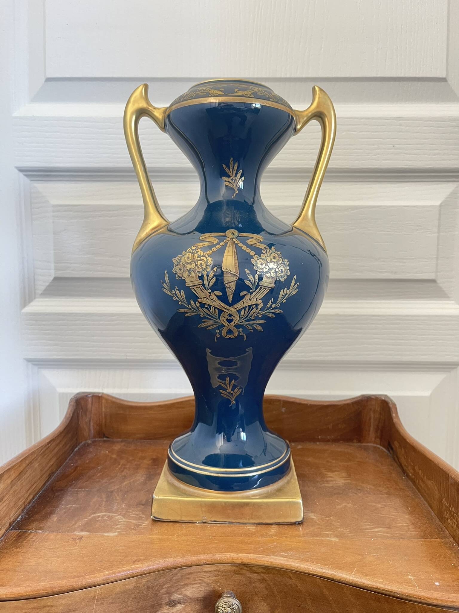 Antique large empire vase blue & gold jaguet pinon 40cm 2.6kg
